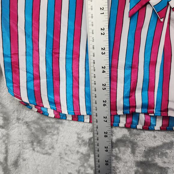 Vintage The Villager Top Womens 16 Pink Blue White Striped Tie Neck Button Front - Picture 8 of 9
